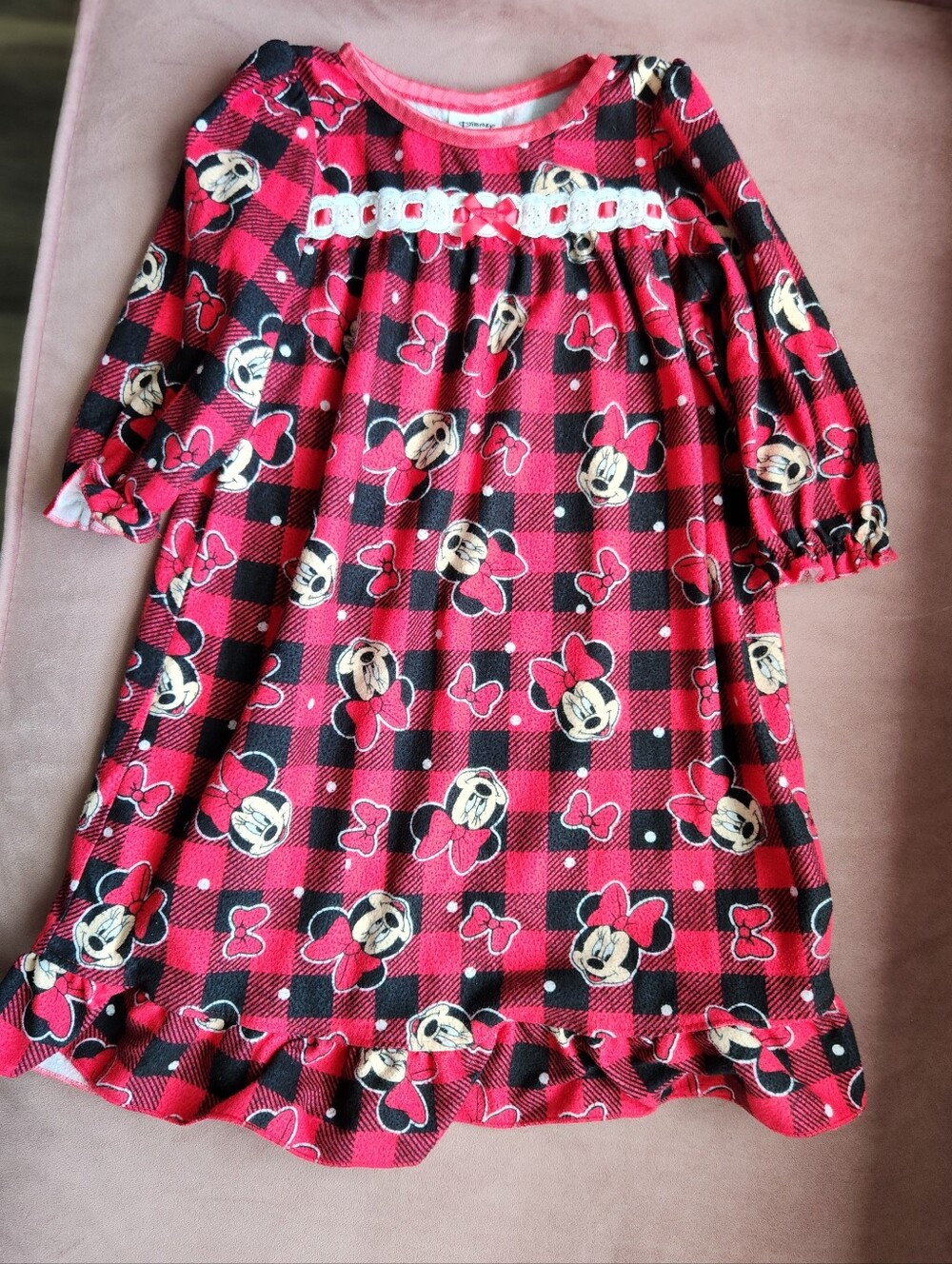 Disney Minnie Mouse Red and Black Plaid Nightgown, Size 18 Months